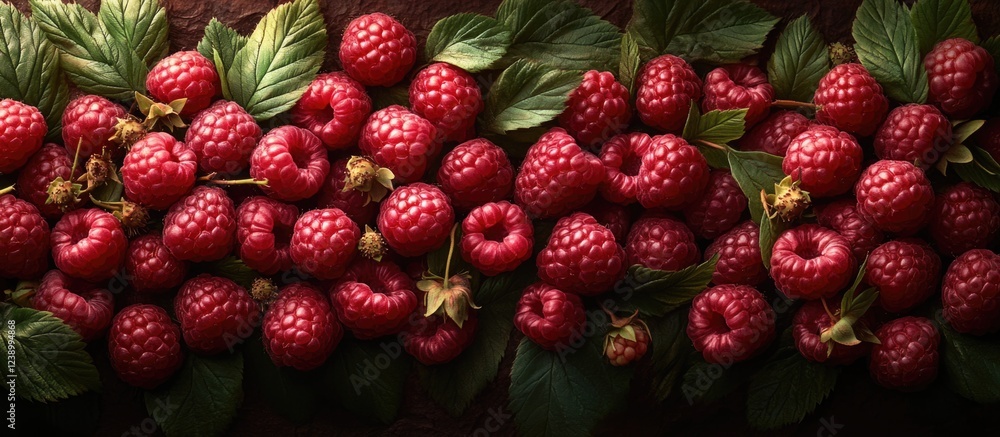 Poster fresh red raspberries on dark background surrounded by green leaves with copy space for text placeme