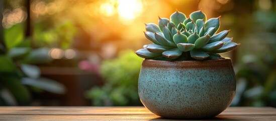 Succulent plant in a decorative pot with sunlight and blurred garden background Copy Space