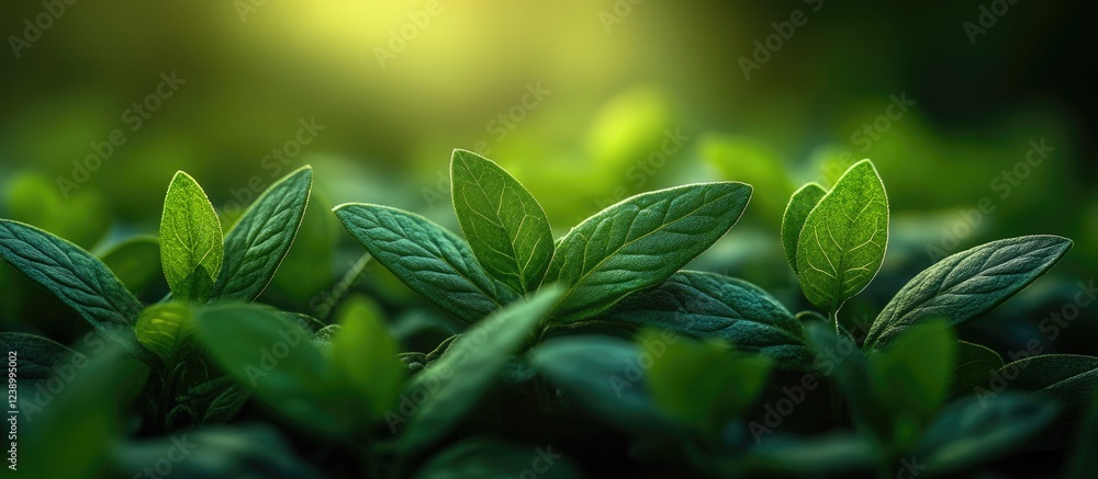 Poster fresh mint leaves close-up with soft focus and natural light creating a green blurred background and