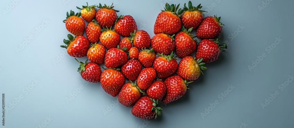 Aufkleber strawberries arranged in heart shape on light blue background with copy space for text placement