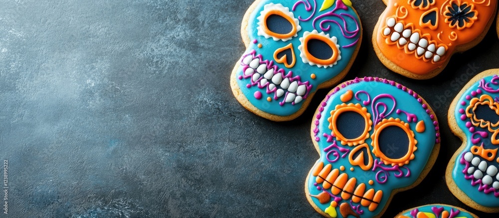 Poster decoratively iced sugar skull cookies on a textured dark background with space for text