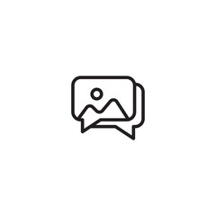 A landscape image icon (mountains/sun) overlaid on a speech bubble. Represents sharing visual content in a message, discussing a picture, or image-based communication.