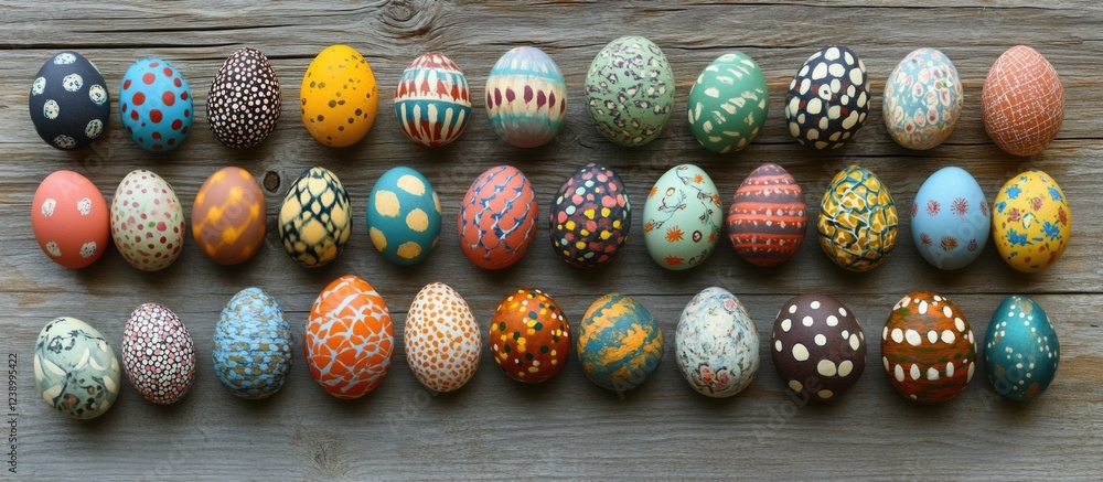 Poster decorative painted easter eggs arranged in rows on a wooden surface with vibrant colors and patterns