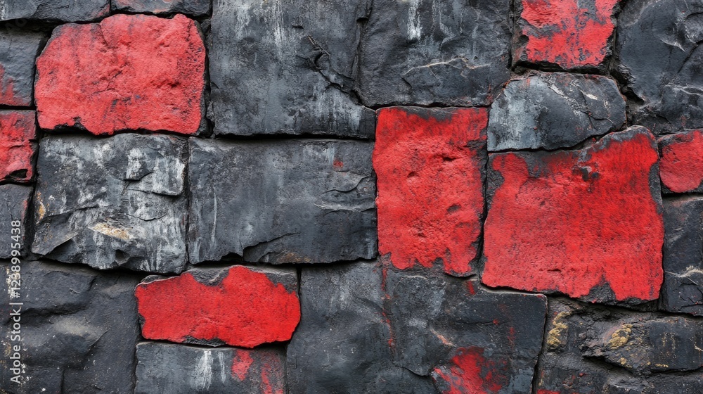 Poster textured wall surface with black and red stones arranged in a pattern creating an abstract backgroun