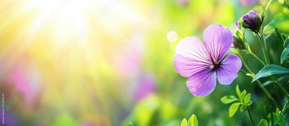 Poster purple flower in sunlight with blurred green background and soft bokeh effect providing ample copy s