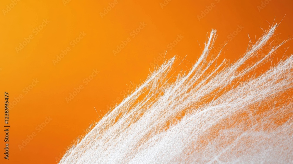Poster close-up texture of white fibers against a bright orange background with abstract design and copy sp