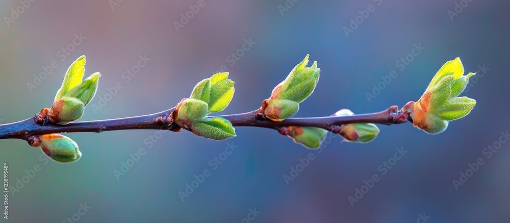 Poster green buds on a branch with soft focus background representing spring growth and renewal with copy s