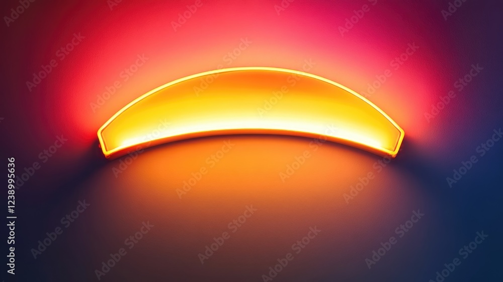 Poster neon light fixture in a curved shape illuminating a colorful gradient wall with vibrant orange and p