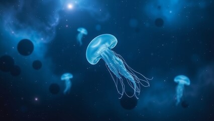 Naklejka premium Glowing Jellyfish in Deep Space � Cosmic Marine Background