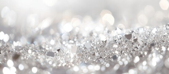 Close-up of sparkling crystal fragments on a shimmering surface with blurring effect and copy space for text