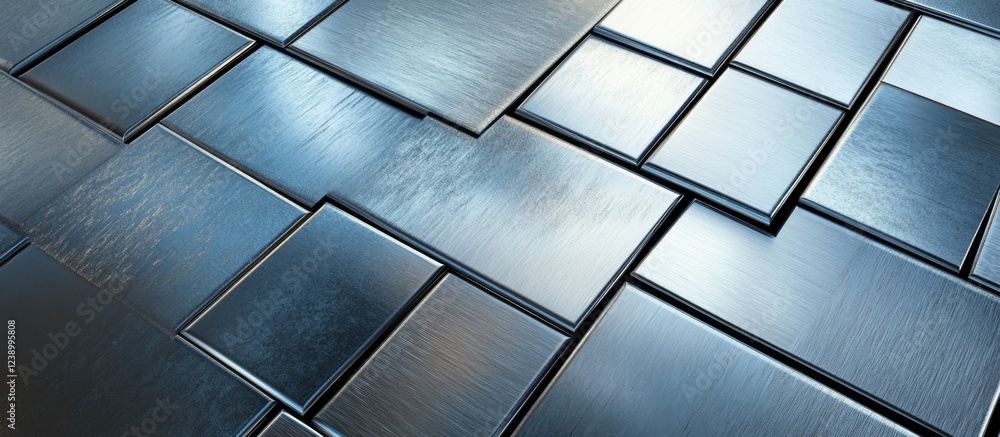 Poster shiny metallic tiles background with brushed texture in various sizes arranged on a flat surface cop