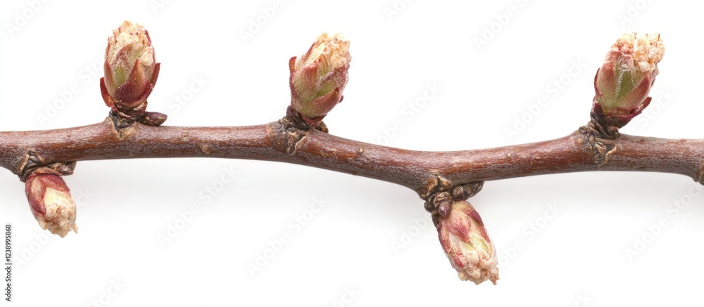 Poster close-up view of a branch with budding flowers against a white background featuring ample copy space