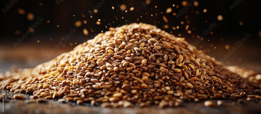 Poster pile of roasted sesame seeds with a dark background and fine particles in the air creating a dynamic