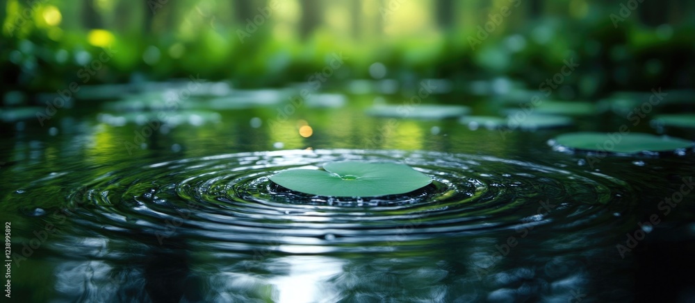 Poster rippling water surface with lily pads in a tranquil forest setting featuring natural light and bokeh