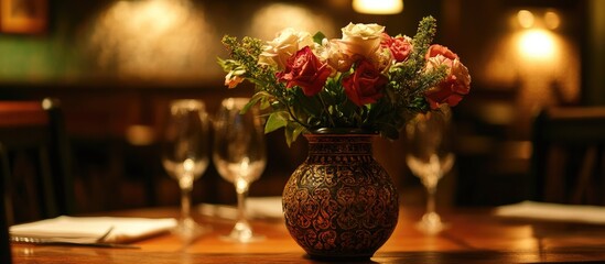 Table set with a decorative vase of flowers in a restaurant setting with wine glasses and a warm ambient background Copy Space