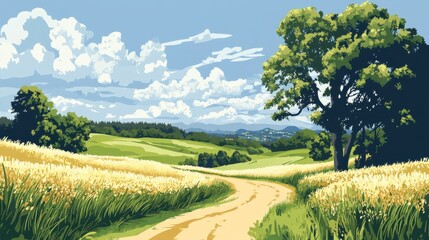 Winding Country Road Through Golden Fields and Rolling Hills