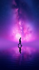 Silhouette of a Person Walking on a Purple Water Surface Under a Starry Night � Enchanted Evening Background