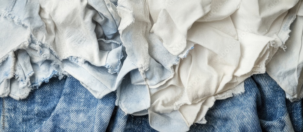 Poster textured fabric layers of different hues including denim and white fabrics with copy space for text 