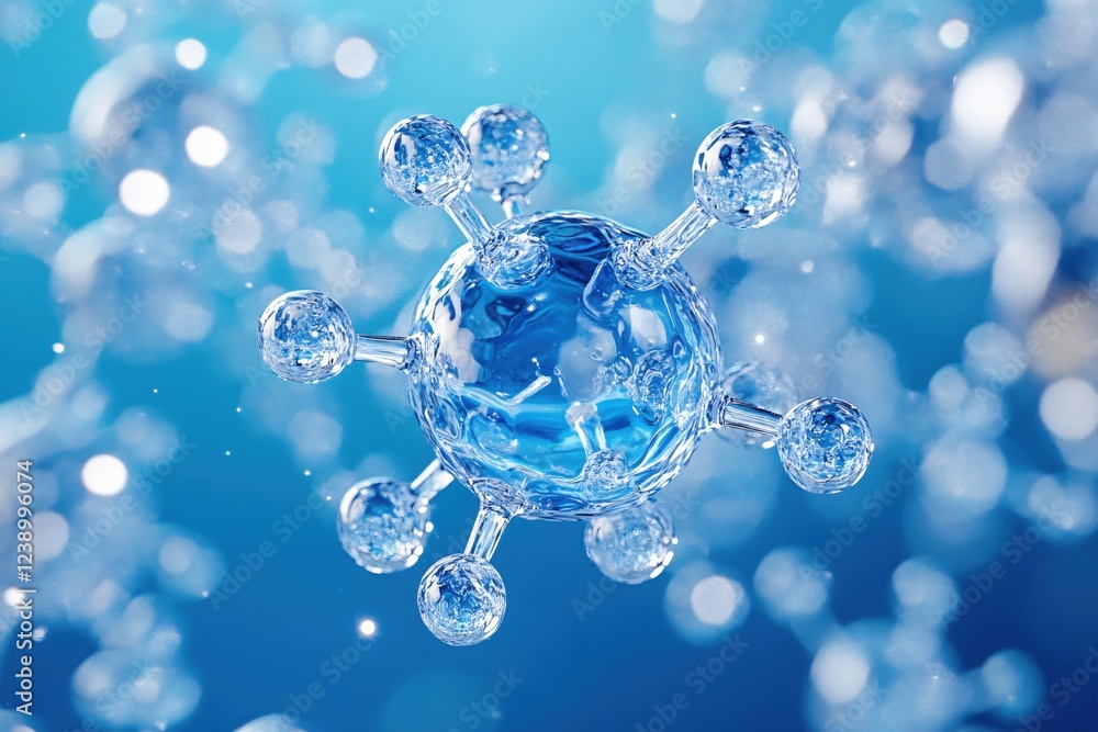 Aufkleber glassy molecular structure with spheres on a blue background with bokeh effect and light