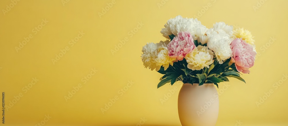 Aufkleber bouquet of assorted peonies in a vase on a yellow background with copy space for text.