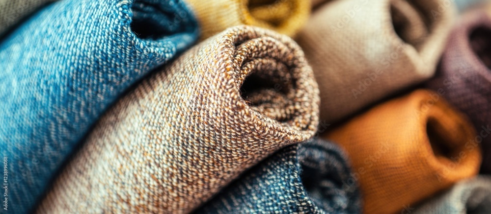 Poster textured rolled fabric in various colors stacked together showcasing detail and variety with copy sp