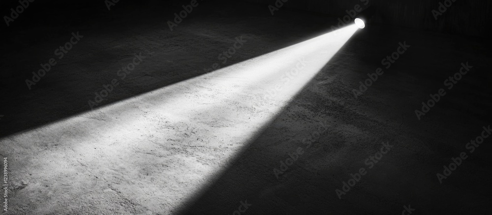 Poster light beam illuminating dark concrete floor in abandoned space with shadows and texture copy space