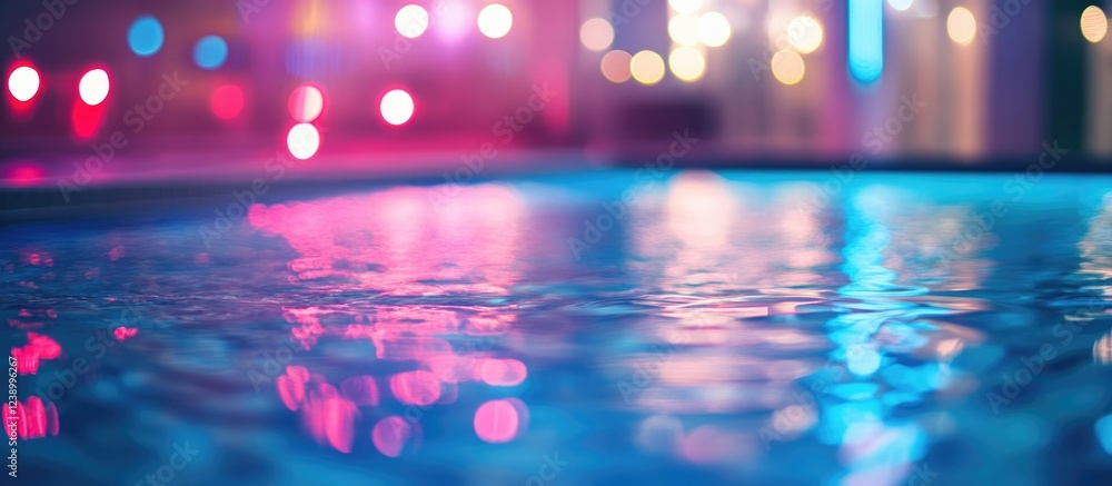 Poster colorful reflections in a swimming pool at night with blurred bokeh lights in background creating a 