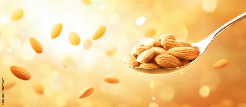 Poster spoonful of almonds with floating nuts on a golden background creating a soft bokeh effect copy spac