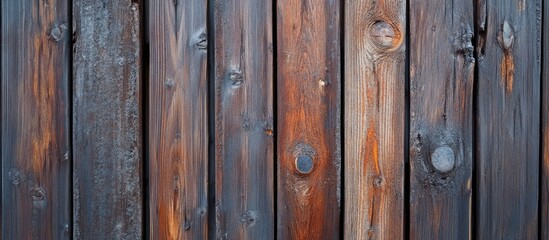 Naklejka premium Wooden planks with varying textures and shades of brown and gray with visible knots and grain patterns Copy Space