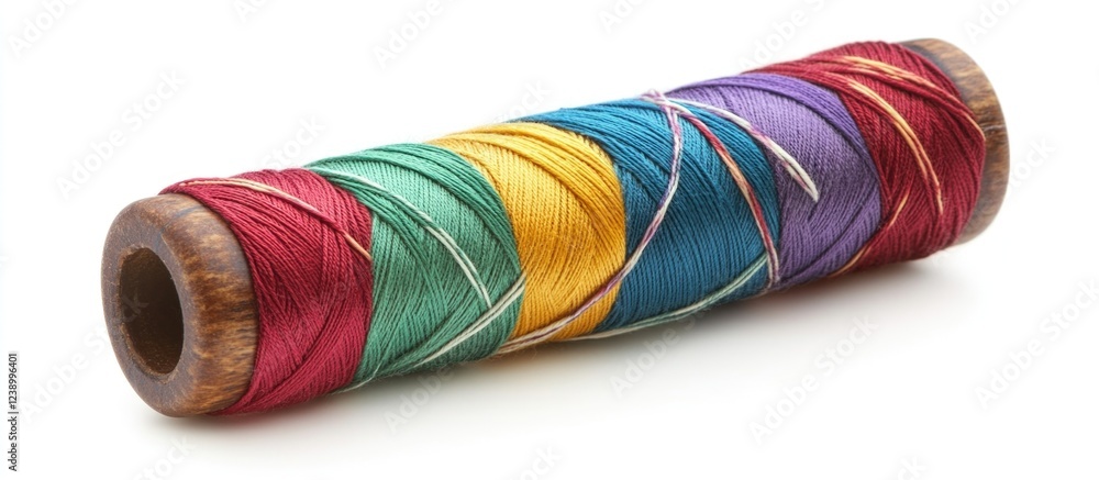 Poster colorful spool of thread with multiple hues arranged in a spiral pattern on a wooden base isolated o