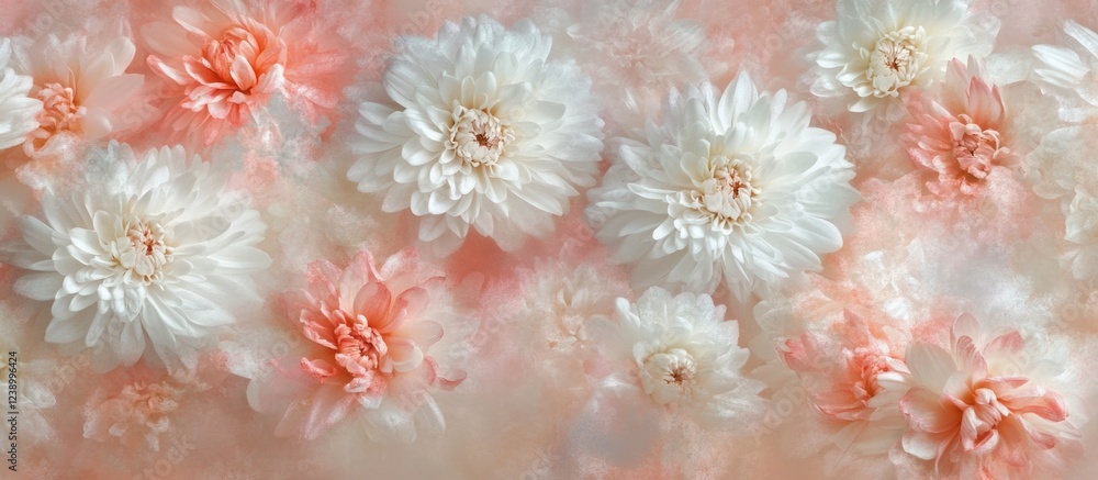 Poster floral background with white and peach chrysanthemums on a soft pink backdrop featuring ample copy s
