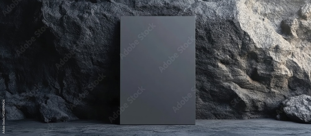 Poster empty gray vertical panel against a textured rock wall in a dimly lit cave setting with natural shad