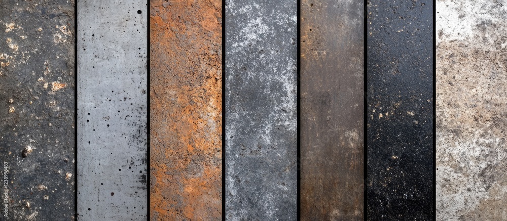 Poster variety of textured metal and concrete surfaces showing aging, patina and rust patterns arranged in 