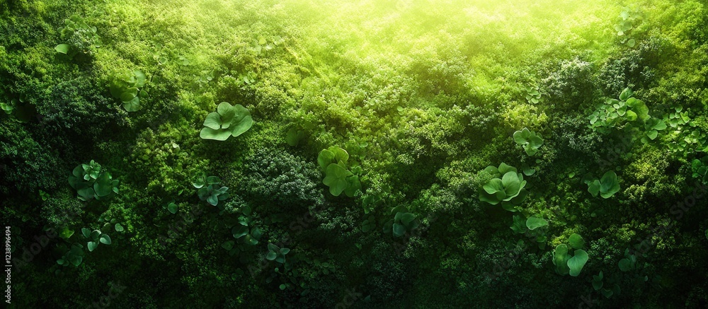 Poster lush green moss and ferns with soft light illuminating a forest floor in a natural setting copy spac