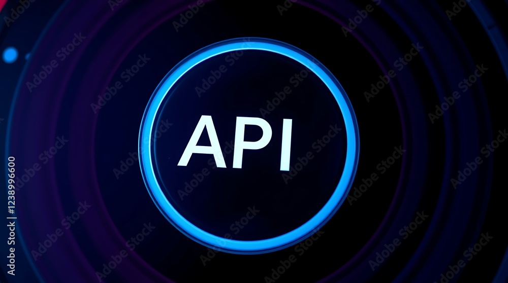 Poster api symbol embedded within a futuristic, glowing blue gear, connected to a complex circuit board