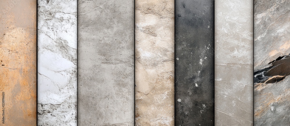 Poster collection of six textured surface panels showcasing various patterns and colors of marble and stone