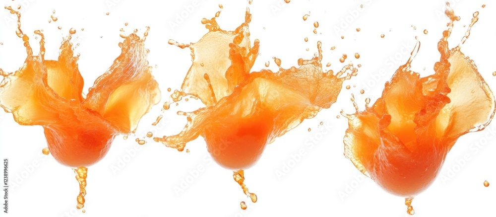 Poster three images of orange liquid splashes with egg yolks on white background with copy space for text.