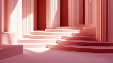 Fototapeta premium Pink columns, stairs, sunlight, minimal scene, abstract background.