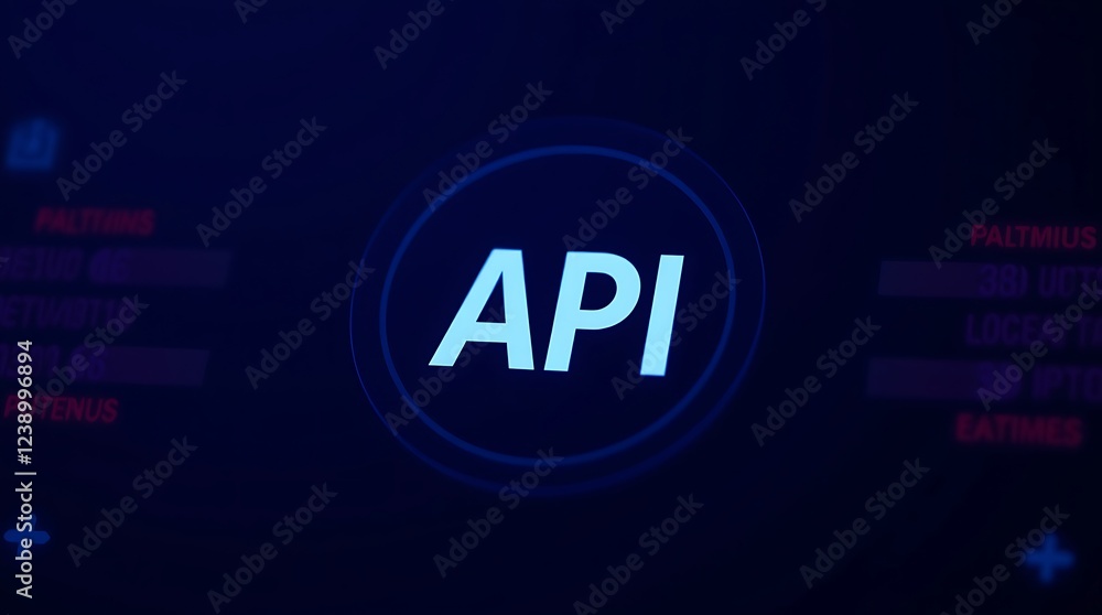 Poster api symbol embedded within a futuristic, glowing blue gear, connected to a complex circuit board