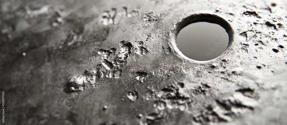 Poster close-up of textured metallic surface with a circular hole revealing reflective surface underneath c