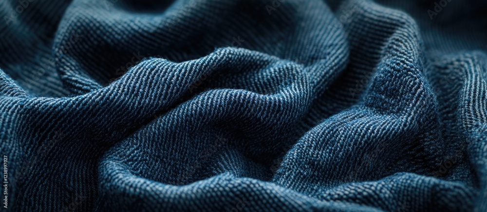 Poster textured close-up of dark blue fabric showcasing intricate weave patterns and smooth folds with copy