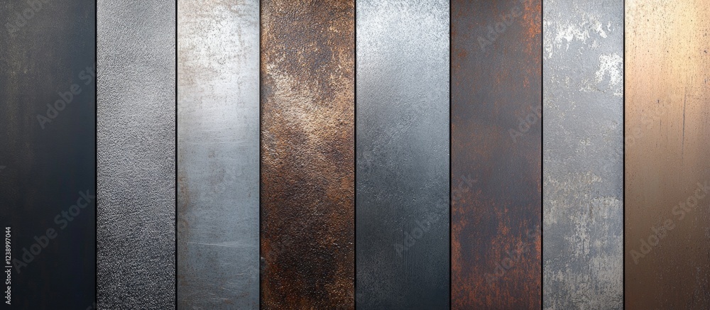Poster metal surface textures collection in various metallic shades with copy space for design applications