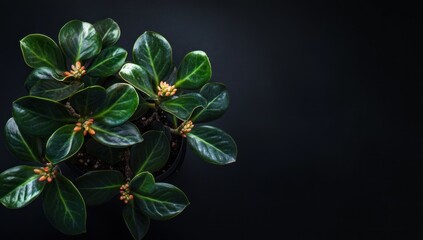 Obraz premium Dark Green Plant with Orange Buds in a Pot against a Black Background