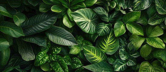 Lush green foliage background with various tropical leaves and plants featuring rich textures and shades of green Copy Space