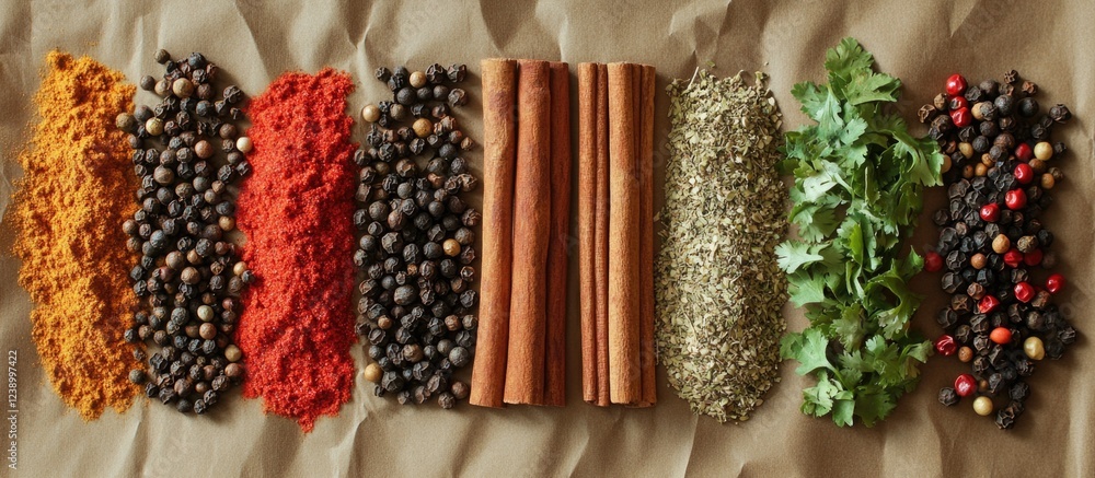 Poster assorted spices and herbs arranged in lines on crumpled brown paper background with copy space for t