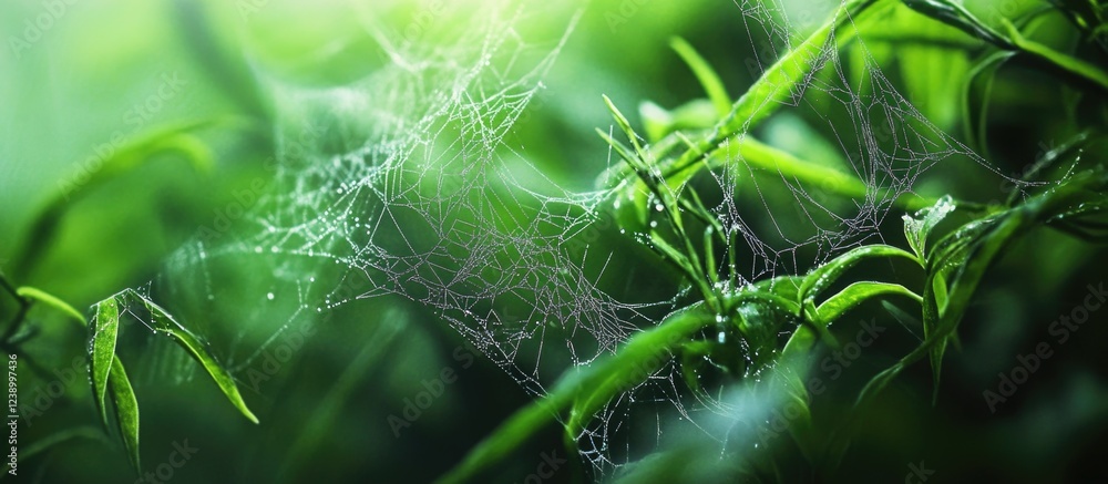 Poster nature close-up of delicate spider web on green leaves with blurred background and soft lighting sui