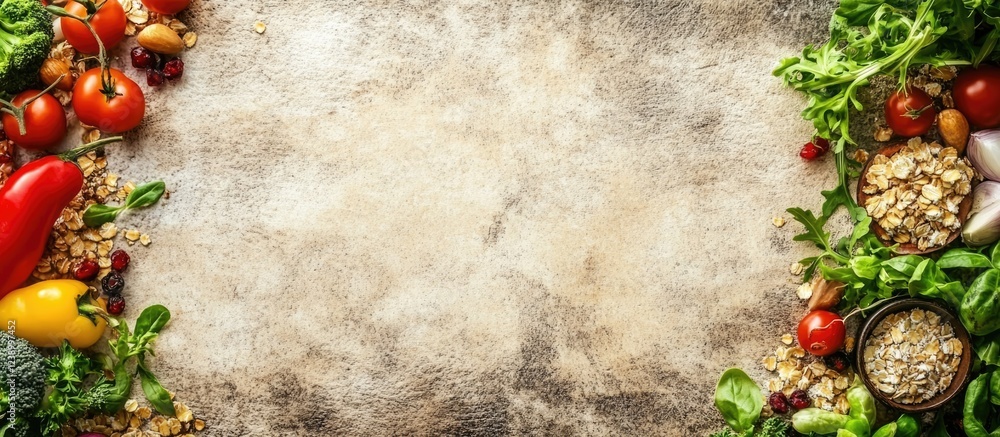 Poster fresh vegetables and nuts arranged on a textured surface with copy space for text and food-related d