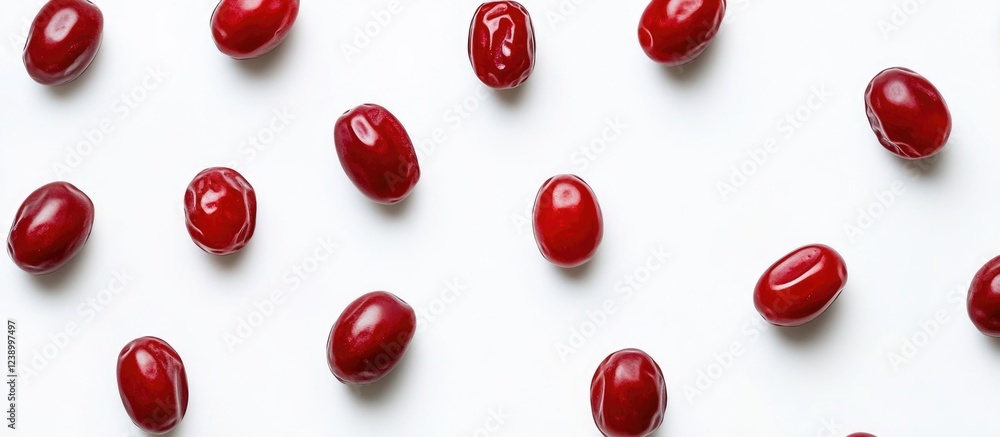 Poster red jelly beans scattered on a white background with ample copy space for text insertion.
