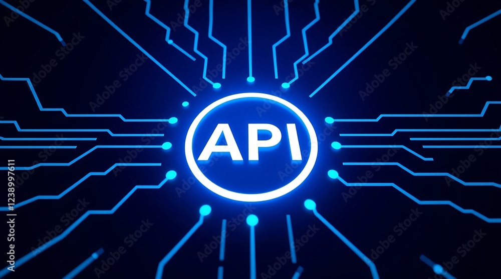 Poster api symbol embedded within a futuristic, glowing blue gear, connected to a complex circuit board