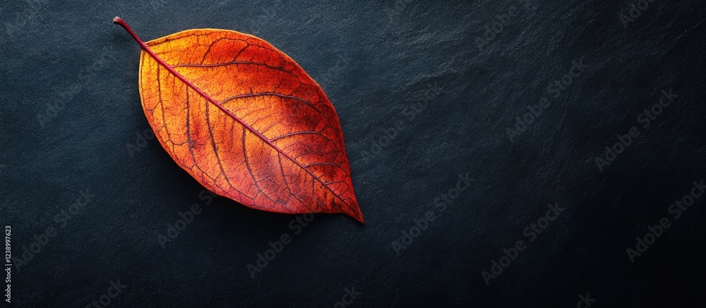 Poster close-up of an orange autumn leaf on a dark textured background with copy space for text